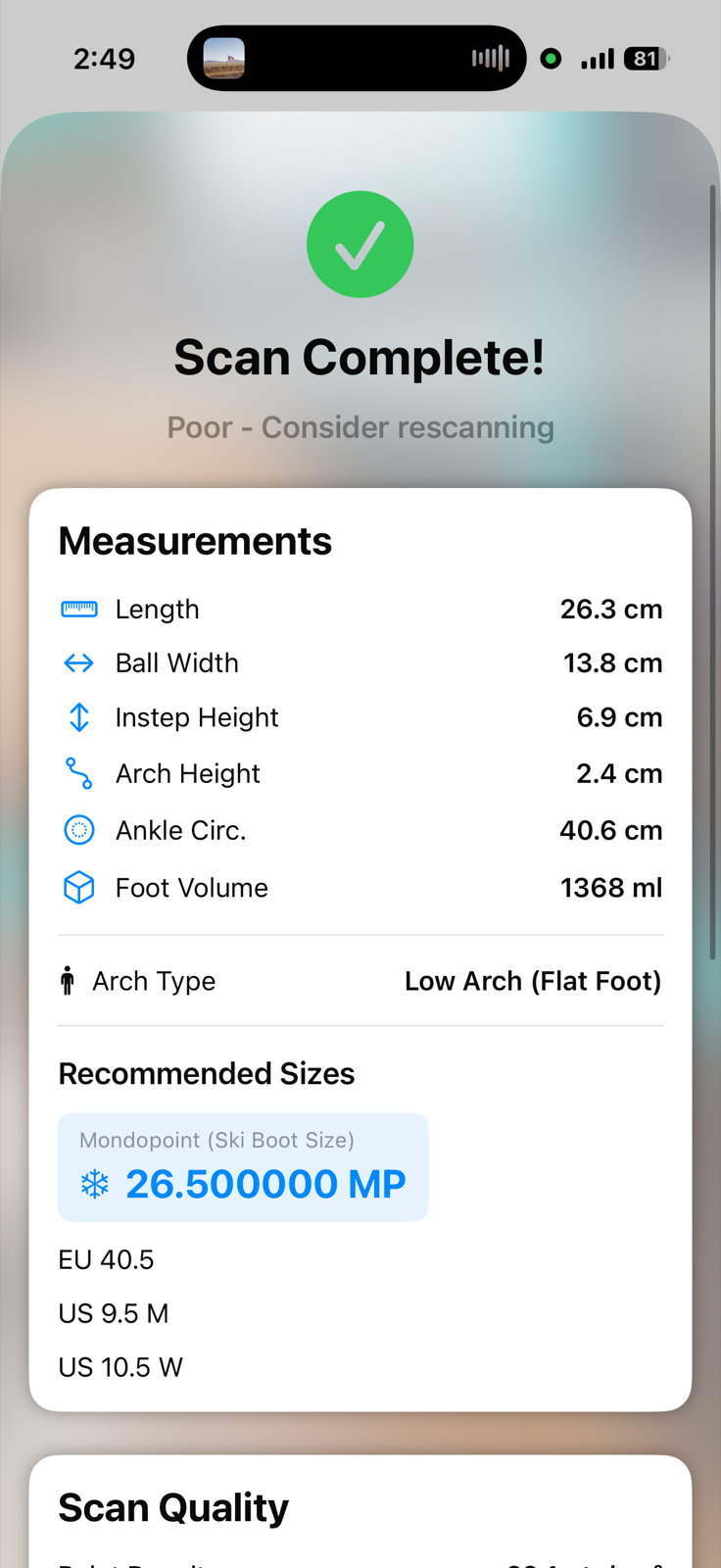 A third scan results screen with measurements and recommended sizes