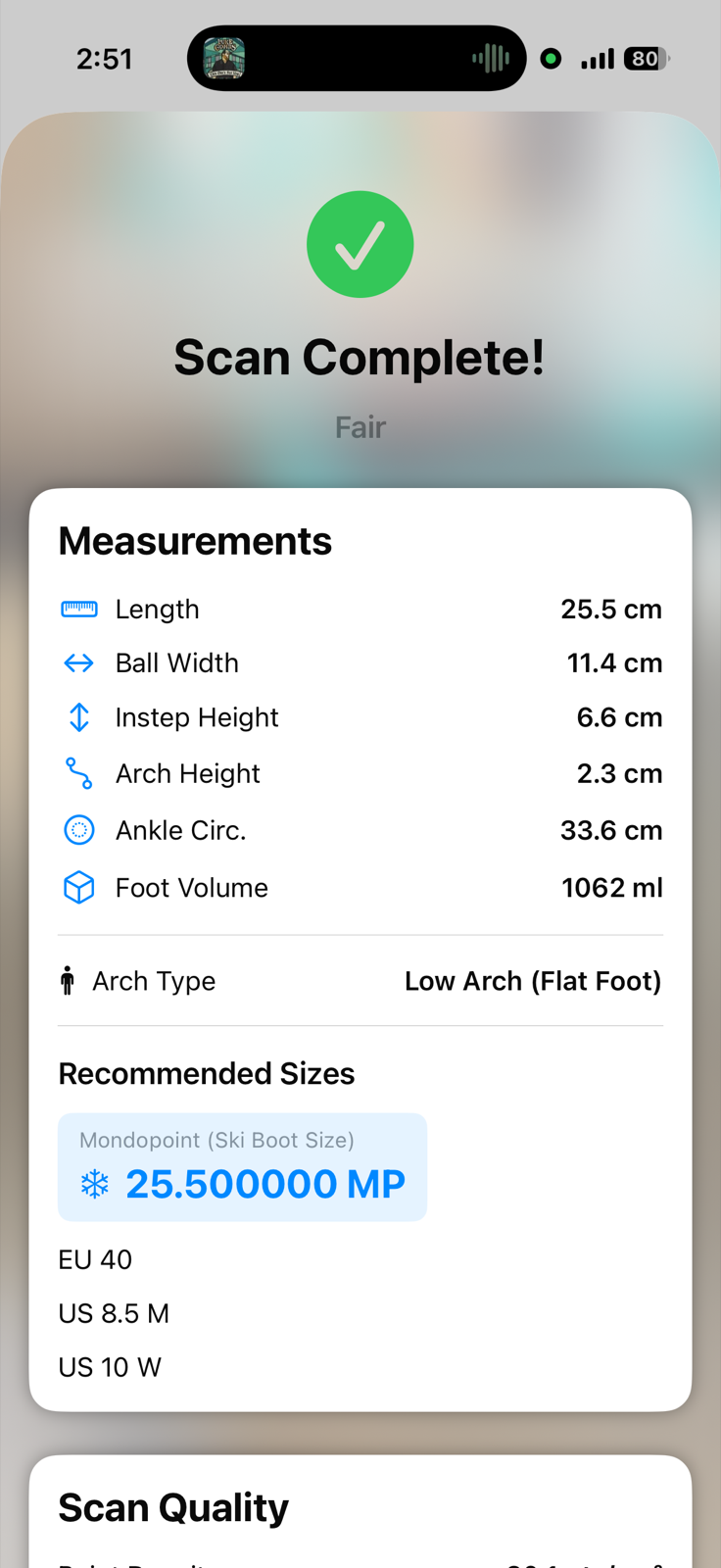 A fourth scan results screen with measurements and recommended sizes
