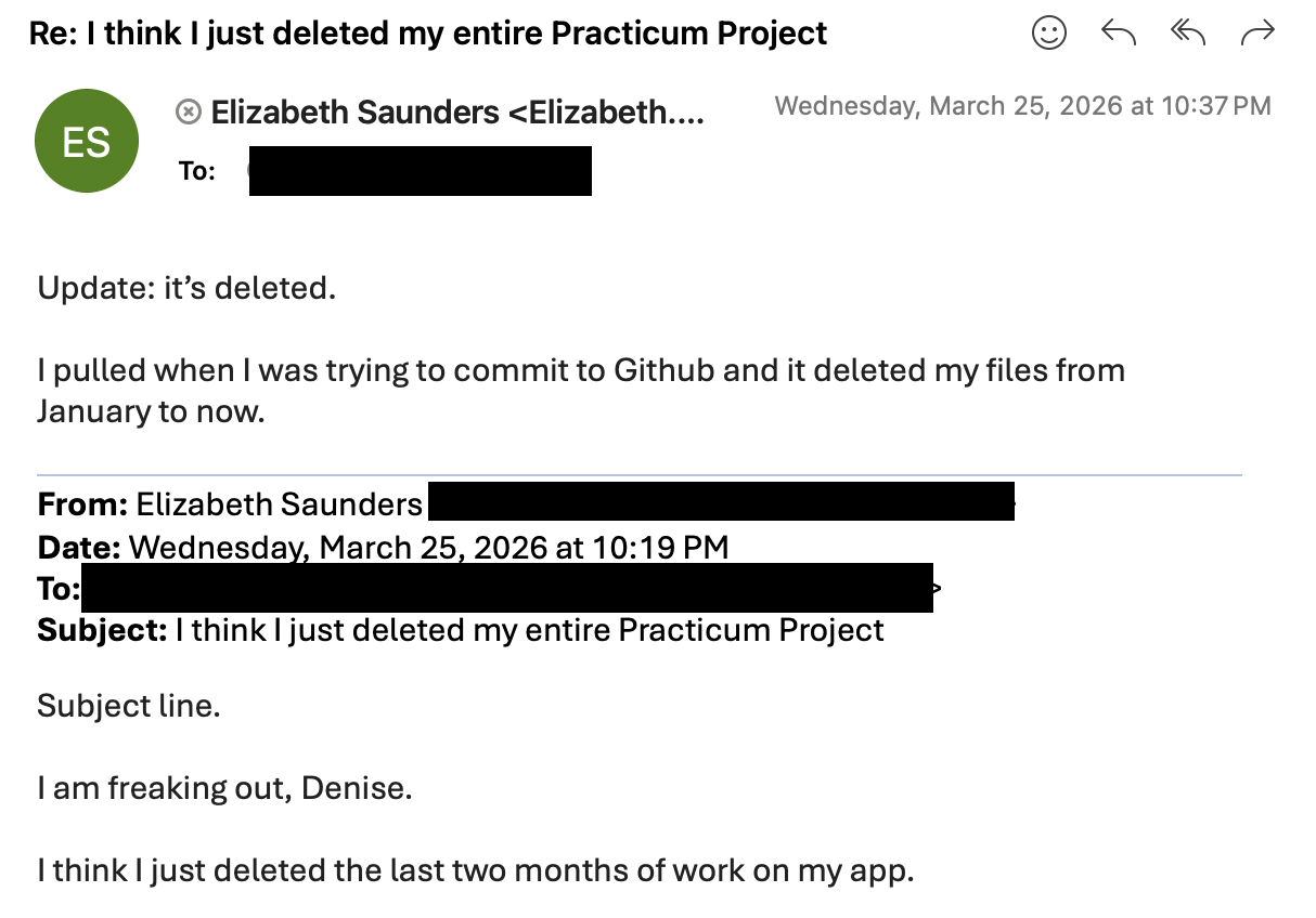 Follow-up email confirming the lost project files, part of the development process behind the app