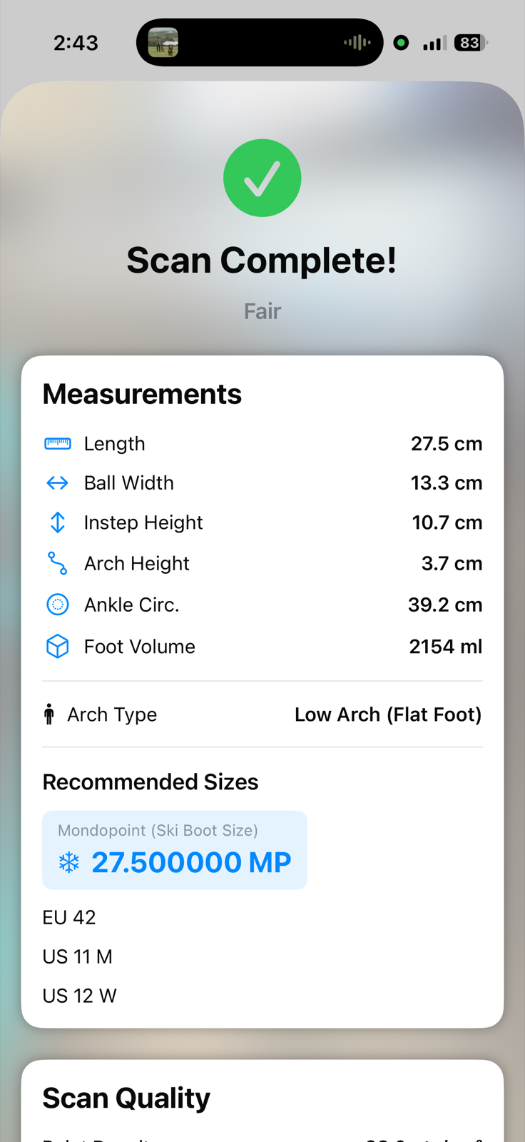 A second scan results screen showing a different foot's measurements and recommended sizes