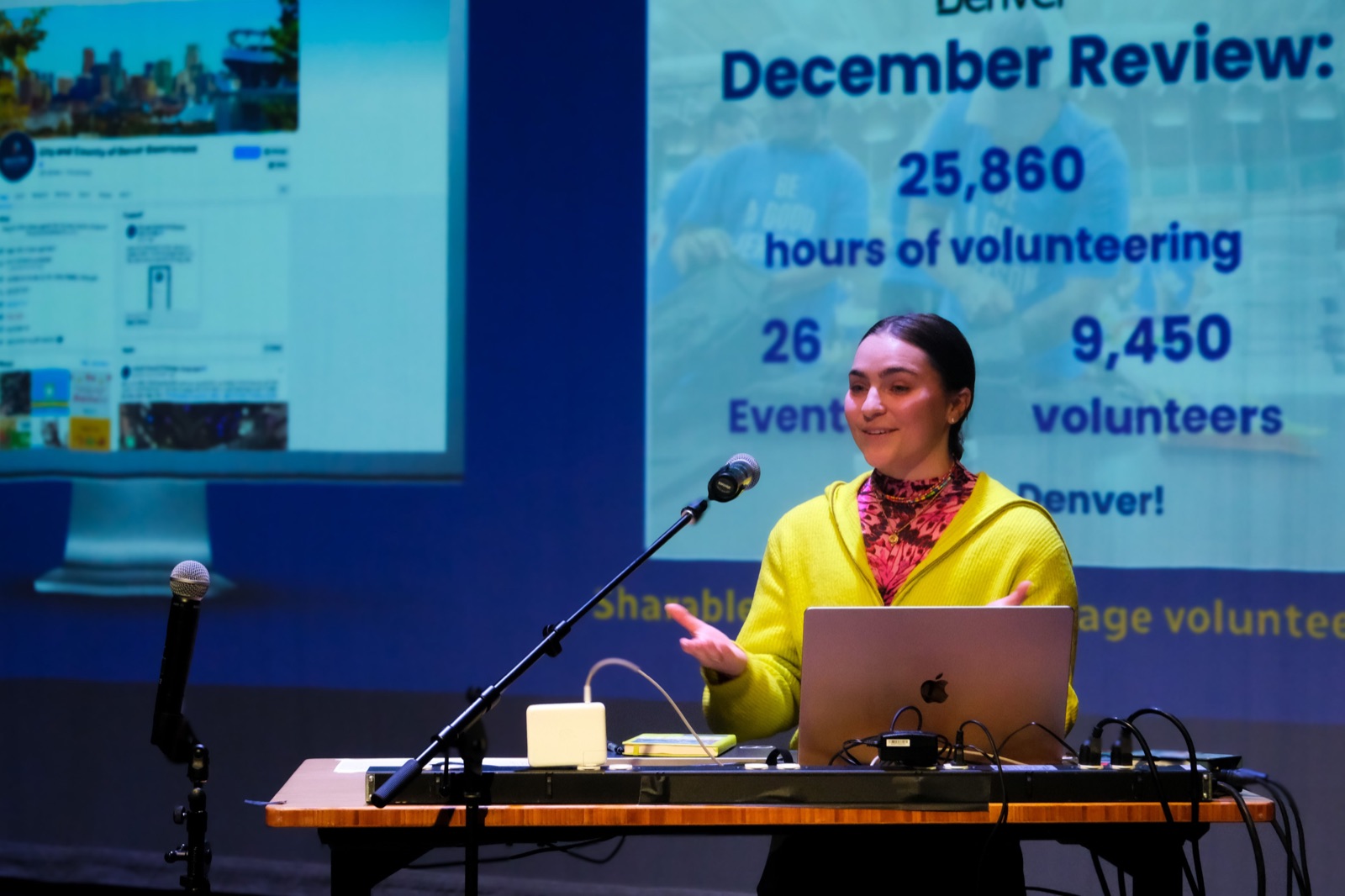 Elizabeth Saunders presenting Give5 Mile High's December impact review: 25,860 volunteer hours, 26 events, 9,450 volunteers